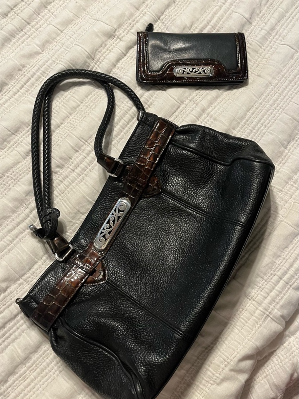 Brighton Black Leather Shoulder Bag with Brown Croc Trim W/ Matching Wallet